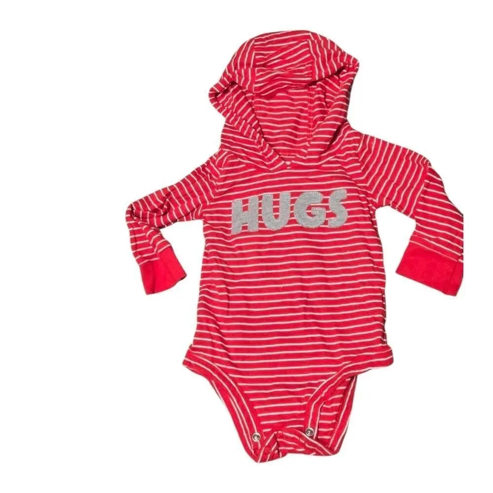 Carter’s Baby Boys 9M Red White Striped HUGS Hooded Bodysuit Long Sleeve Onesie
